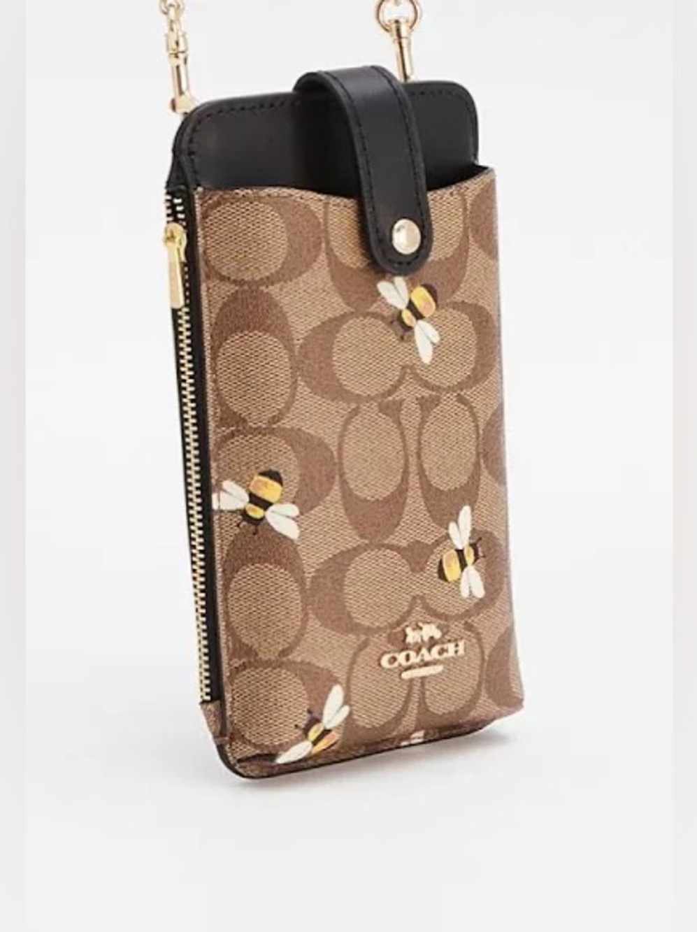 Coach Bee Print Signature Canvas Crossbody Phone Case - Brown/Black  EUC